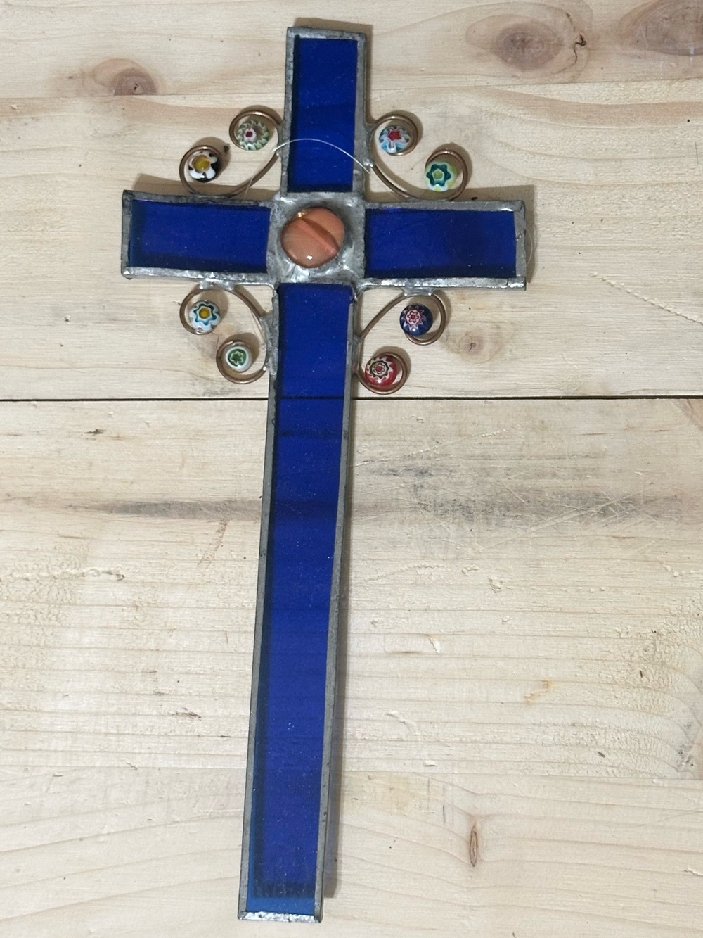 Vintage Handmade Stained Glass Red Blue Cross Suncatcher Glass Wall Decor